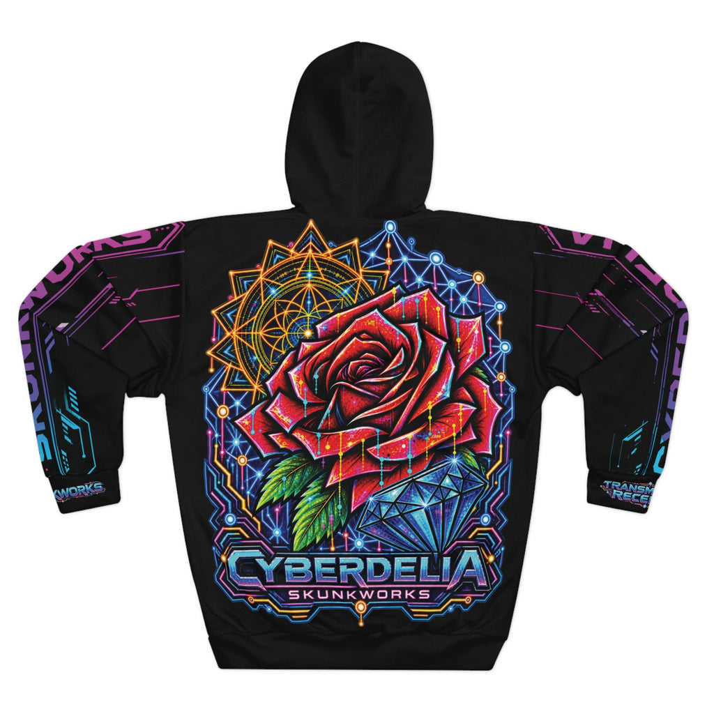 Black Cyberdelia Rose Hoodie — Psychedelic Cyberpunk Pullover
