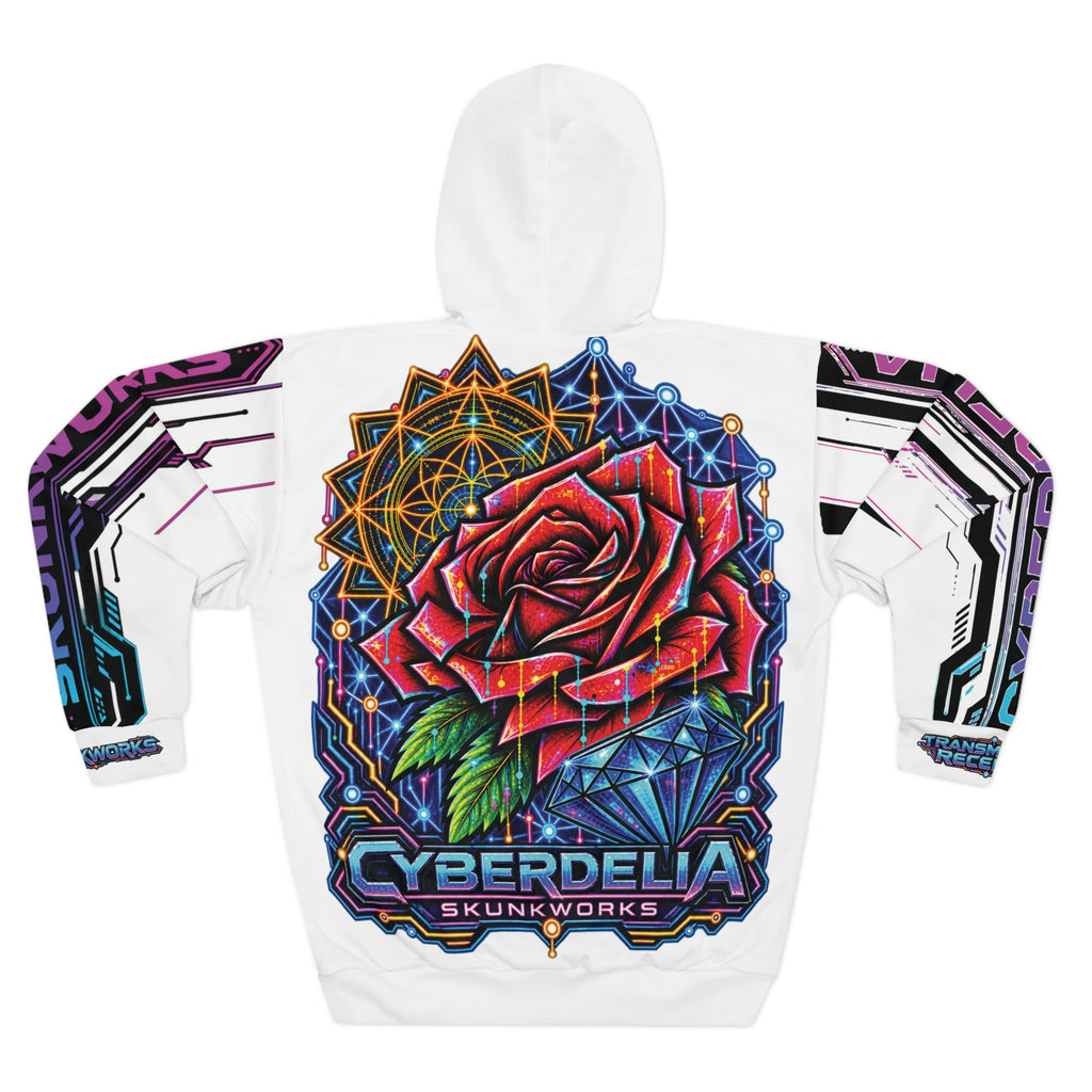 White Cyberdelia Rose Hoodie — Psychedelic Cyberpunk Pullover