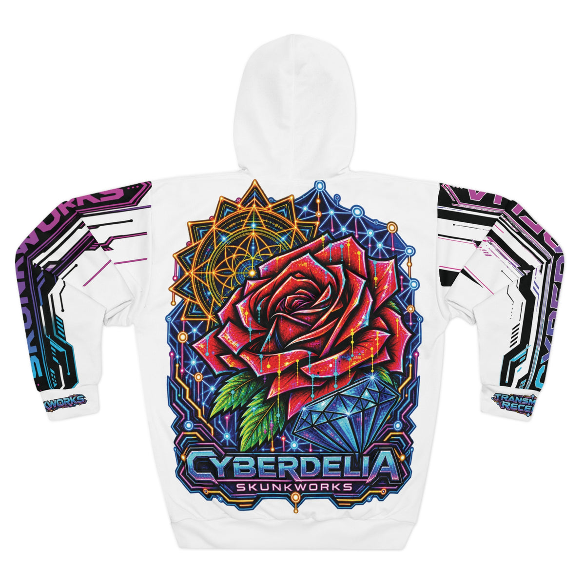 White Cyberdelia Rose Hoodie — Psychedelic Cyberpunk Pullover