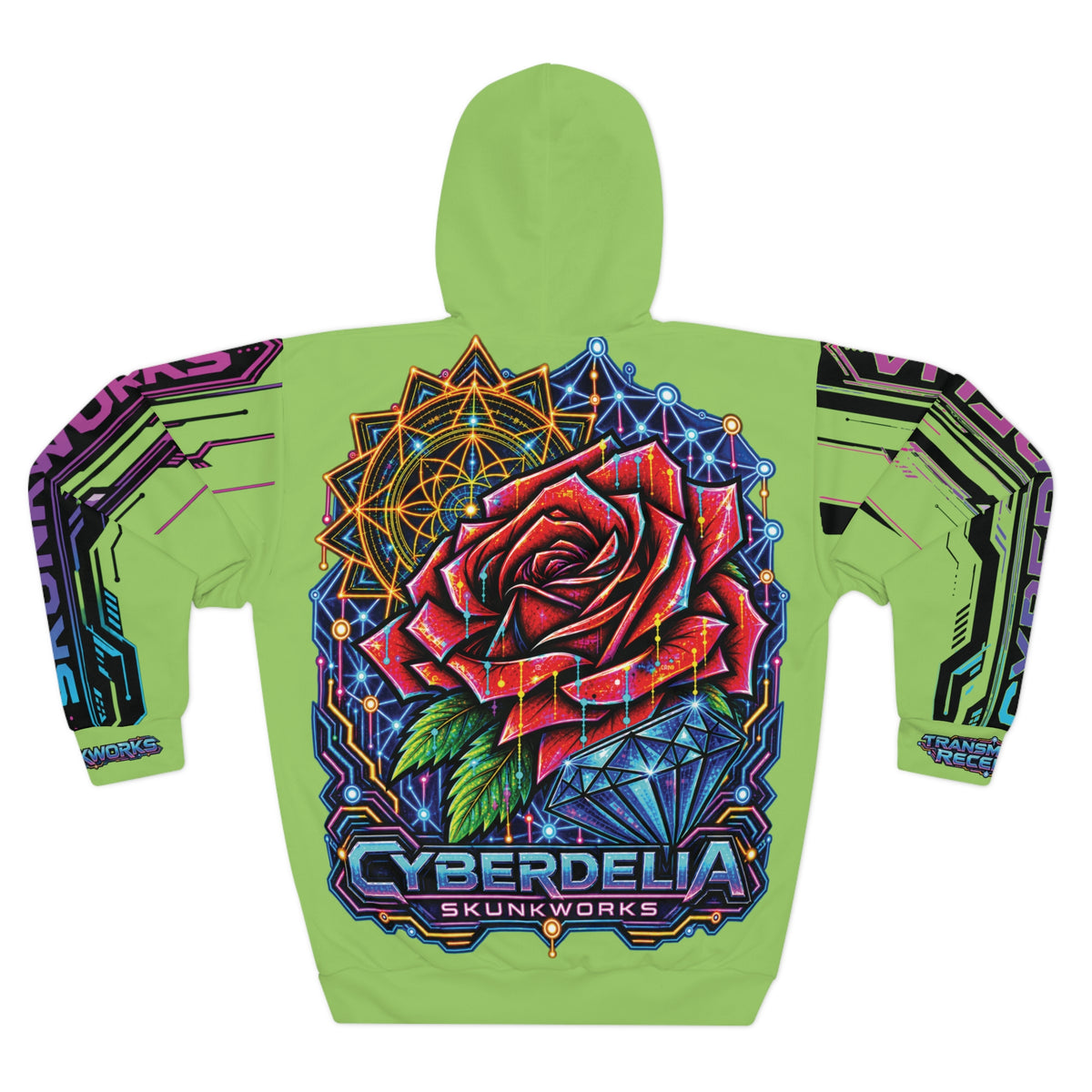 Green Cyberdelia Rose Hoodie — Psychedelic Cyberpunk Pullover