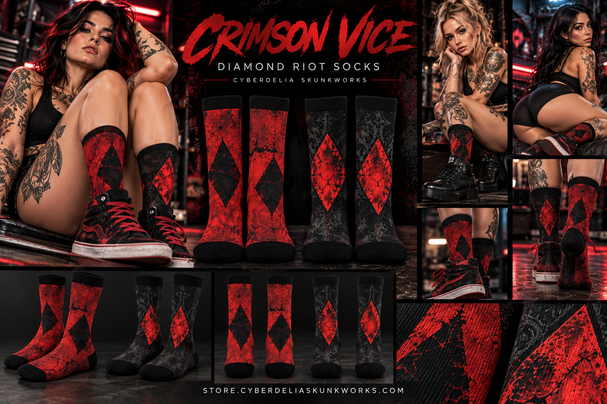 CRIMSON VICE | Diamond Riot Socks All-Over Print Crew Socks | Cyberdelia Skunkworks