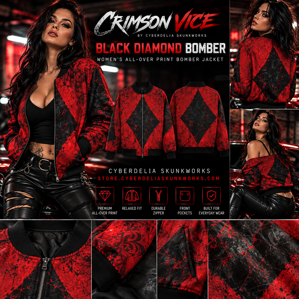 CRIMSON VICE | Black Diamond Bomber Women's All-Over Print Bomber Jacket | Cyberdelia Skunkworks