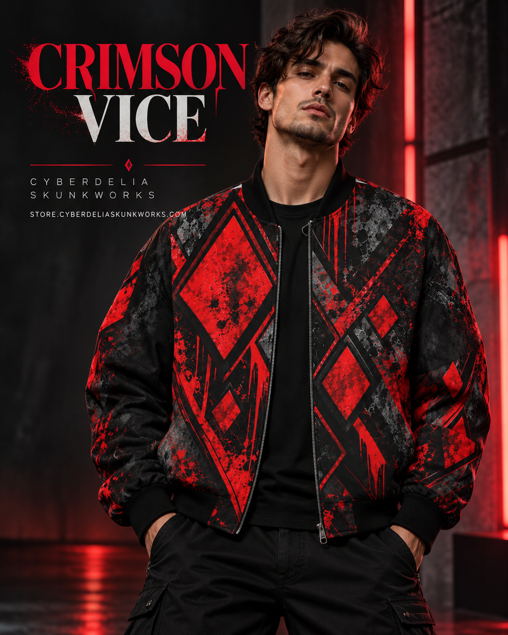 CRIMSON VICE | Redline Bomber Men's All-Over Print Bomber Jacket | Cyberdelia Skunkworks