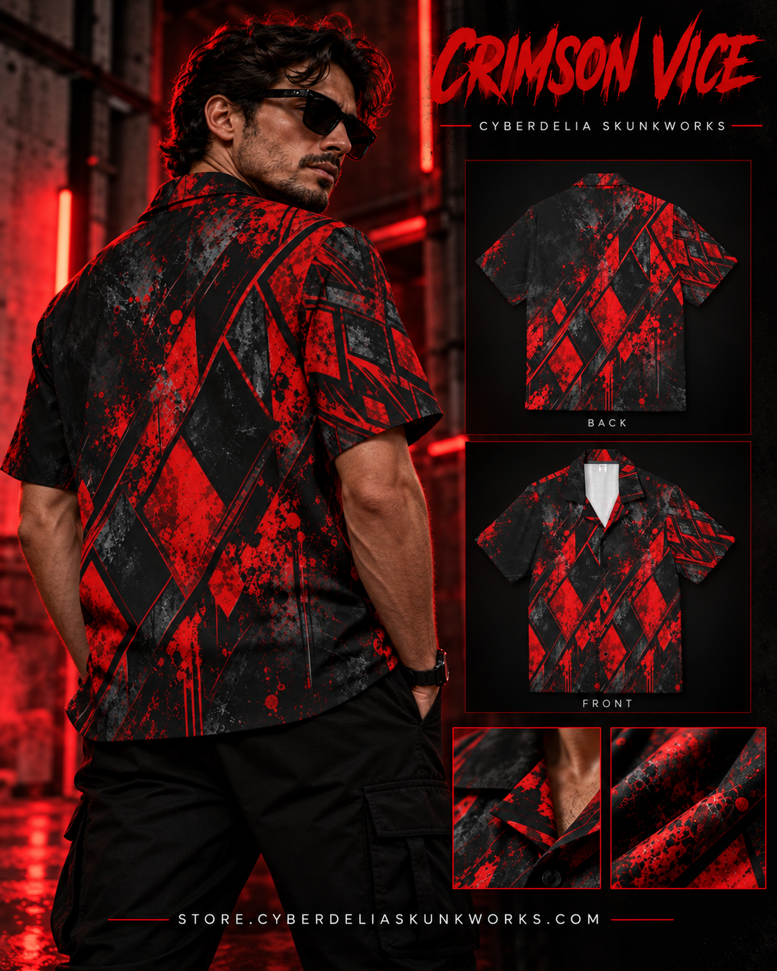 CRIMSON VICE | Riot Protocol Button-Up Men's All-Over Print Short-Sleeve Shirt | Cyberdelia Skunkworks