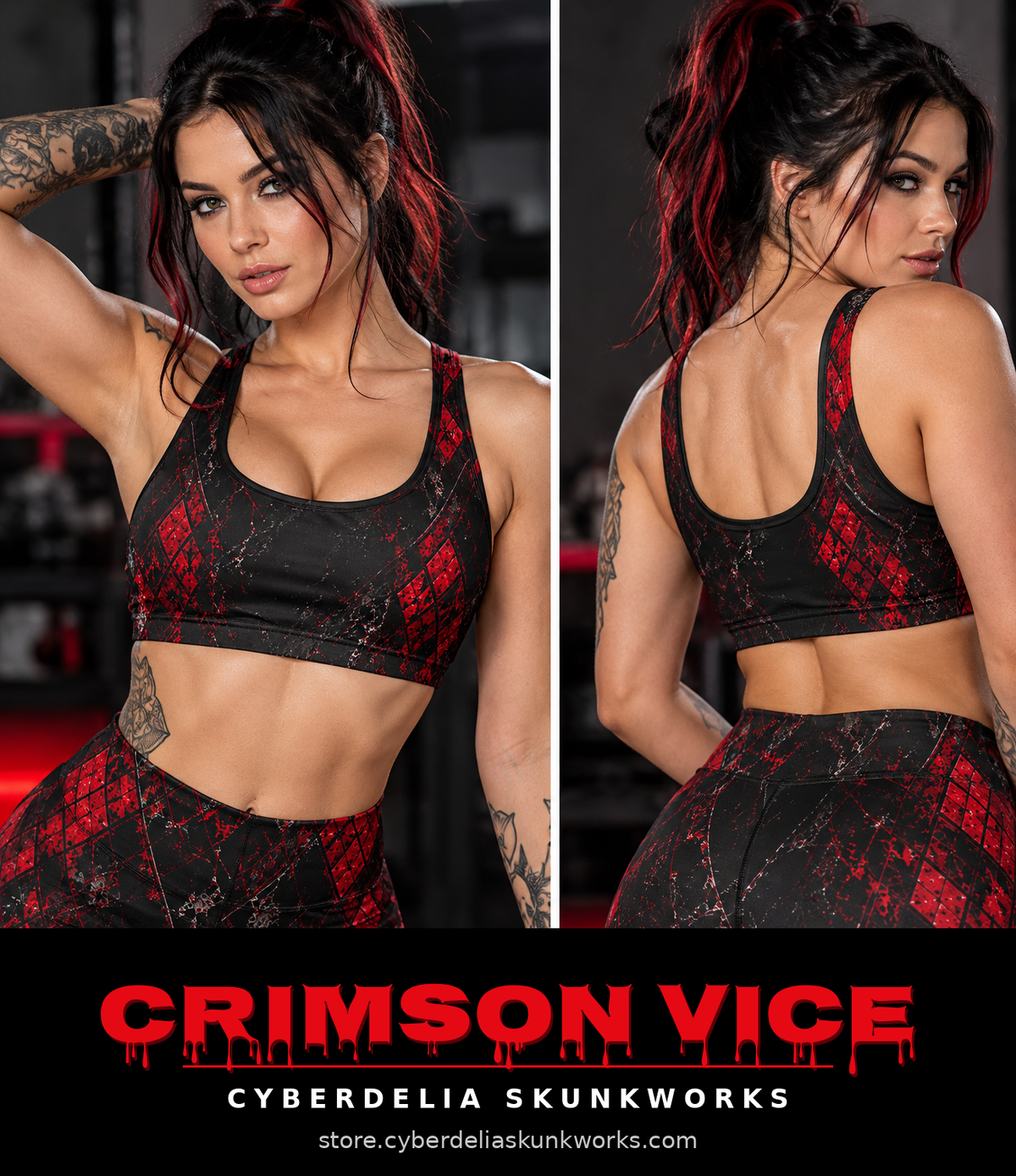 CRIMSON VICE | Afterdark Sports Bra Women's All-Over Print Sports Bra | Cyberdelia Skunkworks