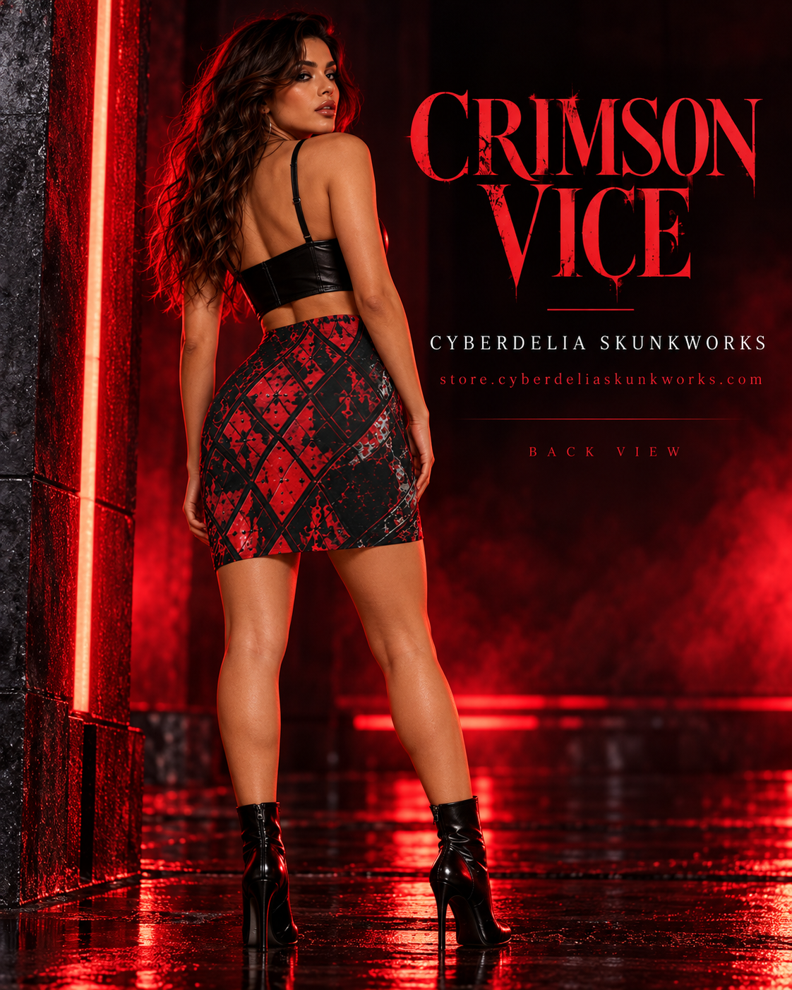 CRIMSON VICE | Rebel Mini Skirt Women's All-Over Print Pencil Skirt | Cyberdelia Skunkworks