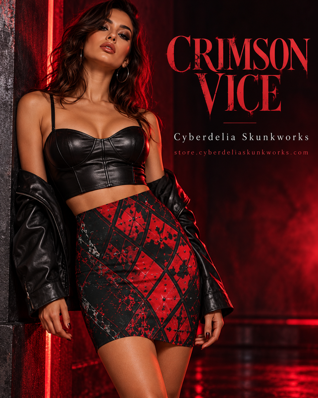CRIMSON VICE | Rebel Mini Skirt Women's All-Over Print Pencil Skirt | Cyberdelia Skunkworks