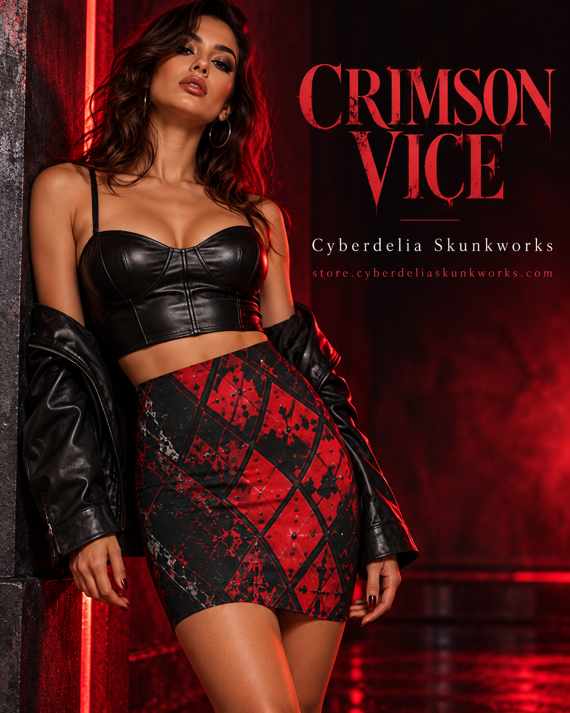 CRIMSON VICE | Rebel Mini Skirt Women's All-Over Print Pencil Skirt | Cyberdelia Skunkworks