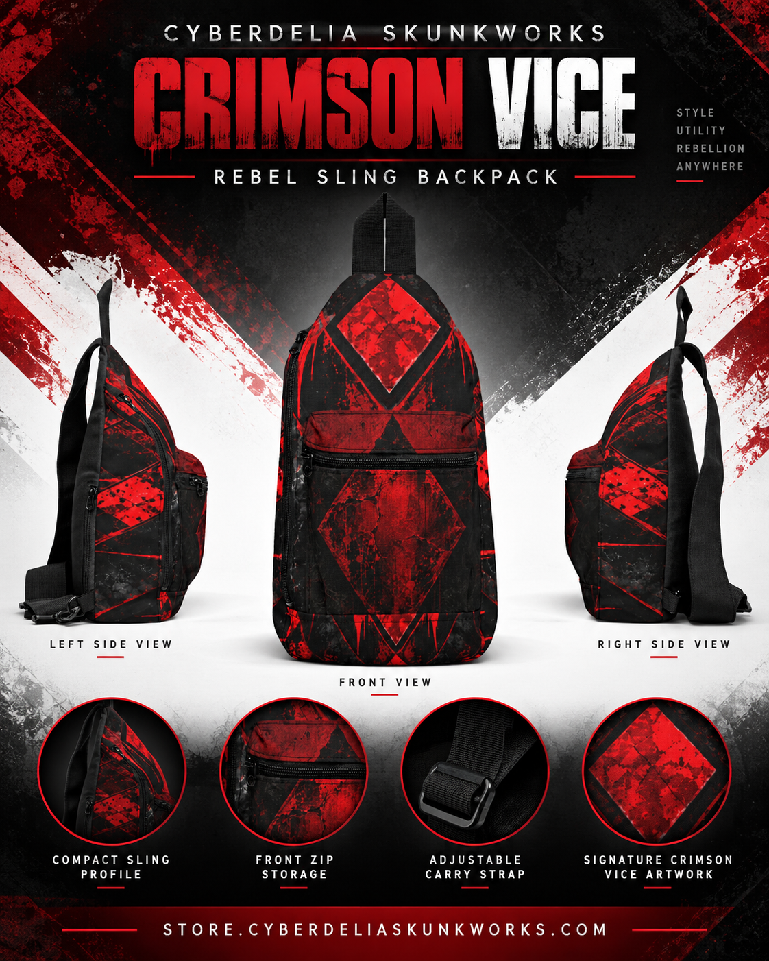 CRIMSON VICE Rebel Sling Backpack | Cyberdelia Skunkworks