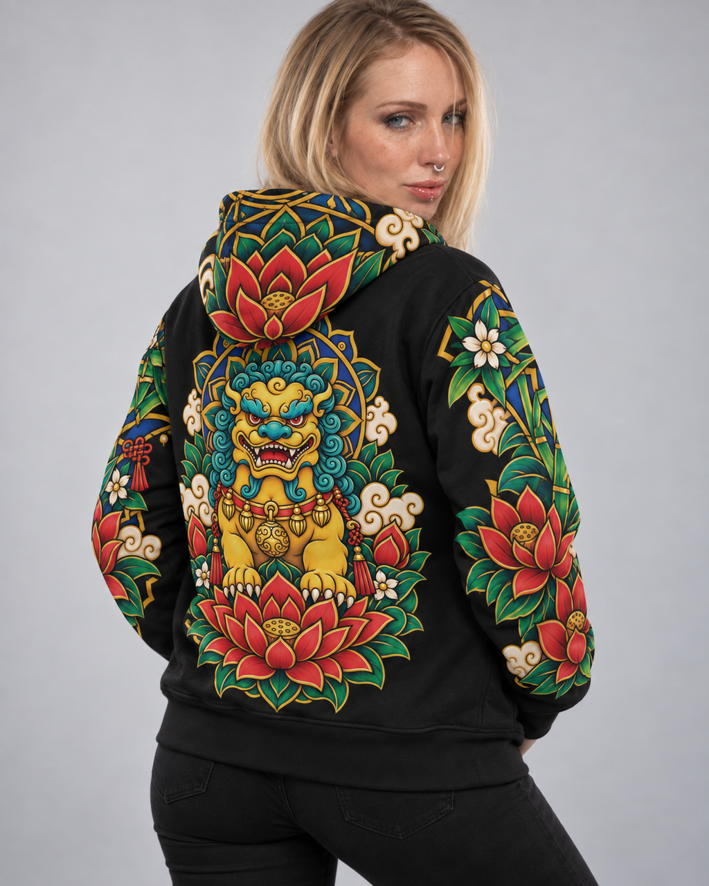 Lotus Sentinel — Guardian Lion Hoodie