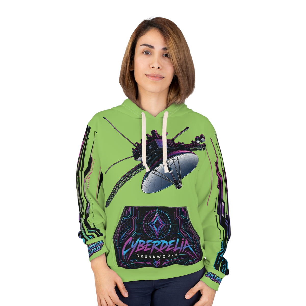Green Cyberdelia Rose Hoodie — Psychedelic Cyberpunk Pullover