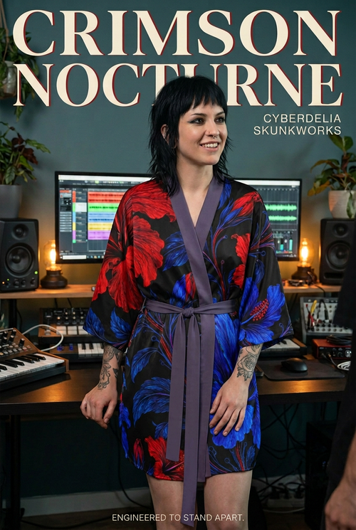 AI-generated front-view campaign of the Crimson Nocturne floral kimono robe with a long plum waist tie in a music studio.