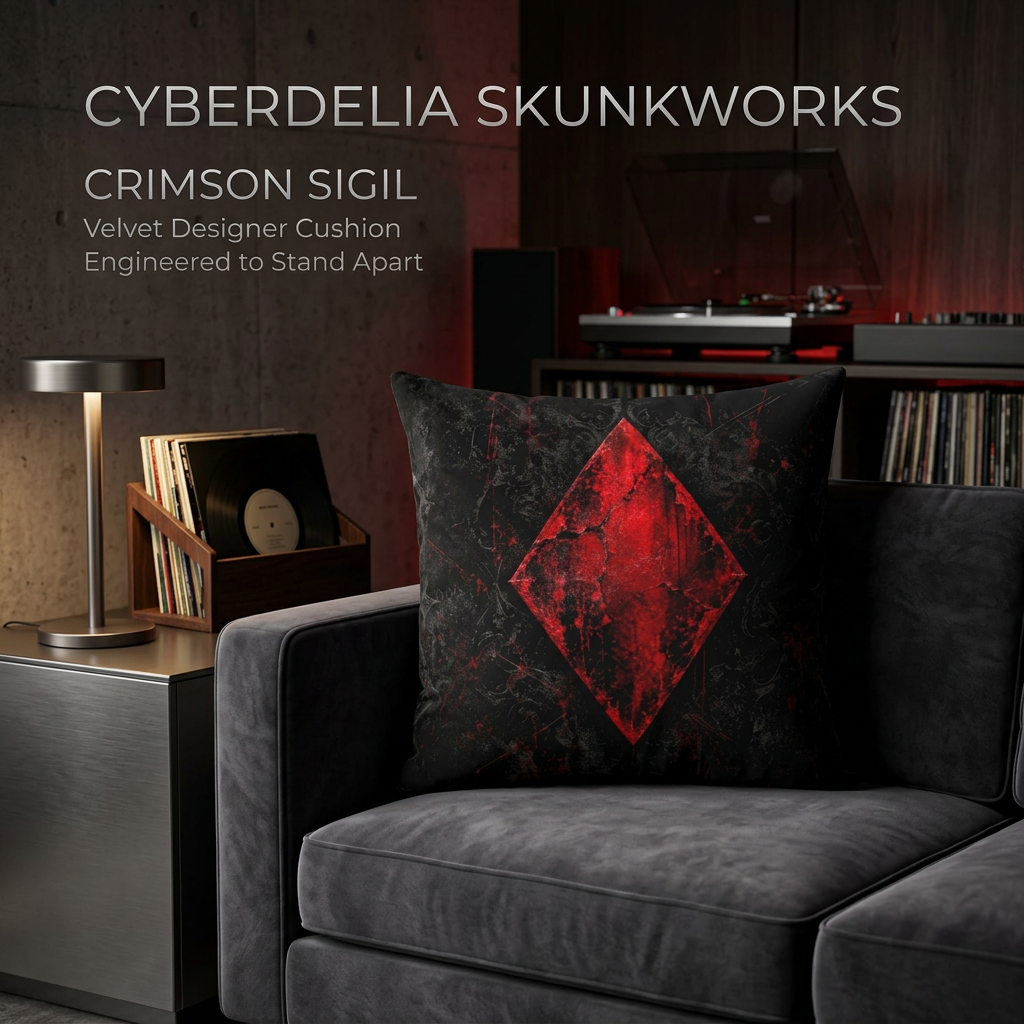 Crimson Sigil velvet cushion in a branded interior room scene