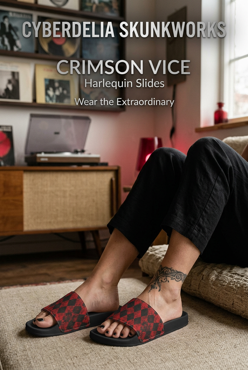 Crimson Vice Harlequin Slides branded lifestyle draft