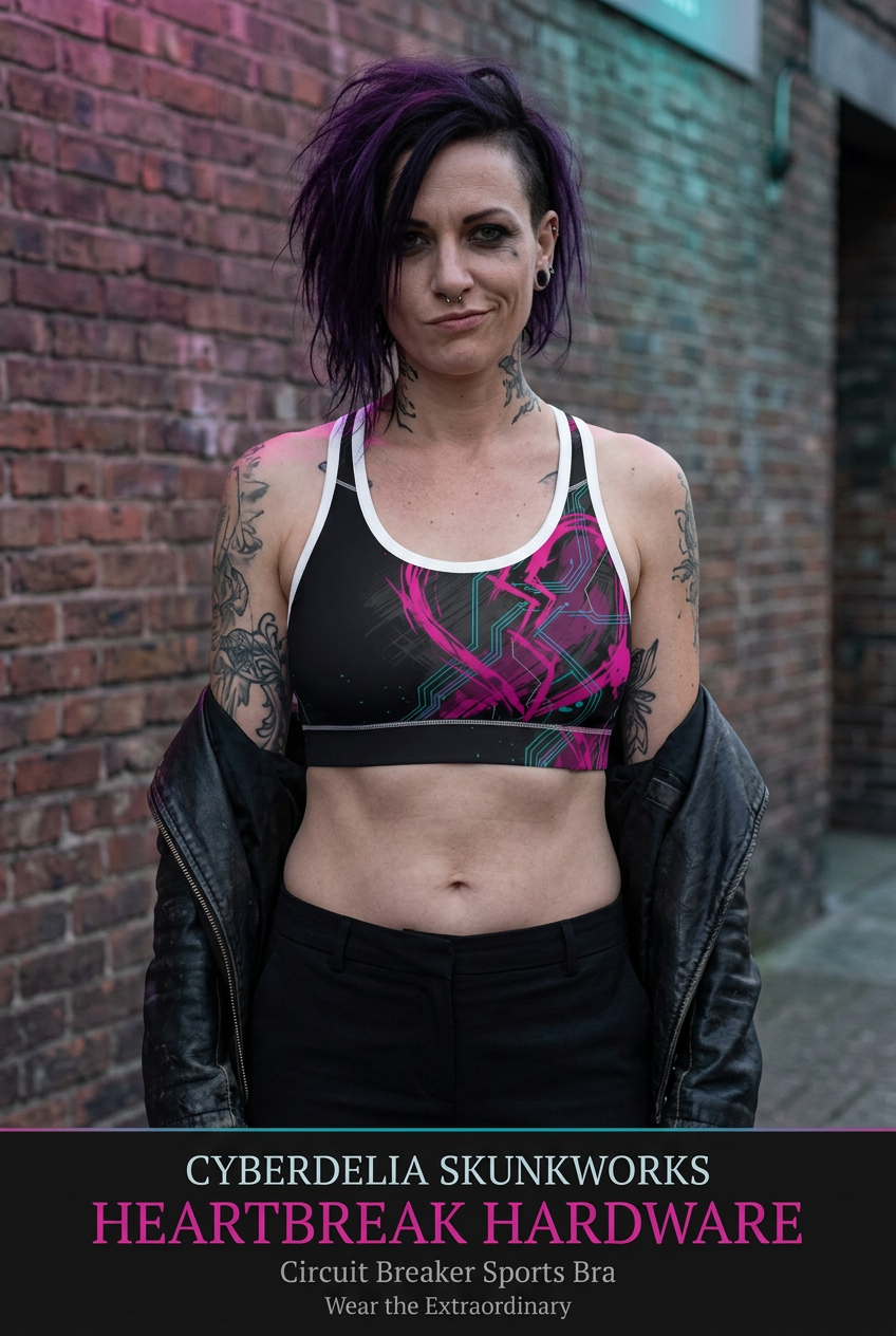 Front-view lifestyle mockup of the Heartbreak Hardware Circuit Breaker Sports Bra with white trim and magenta-and-cyan artwork.