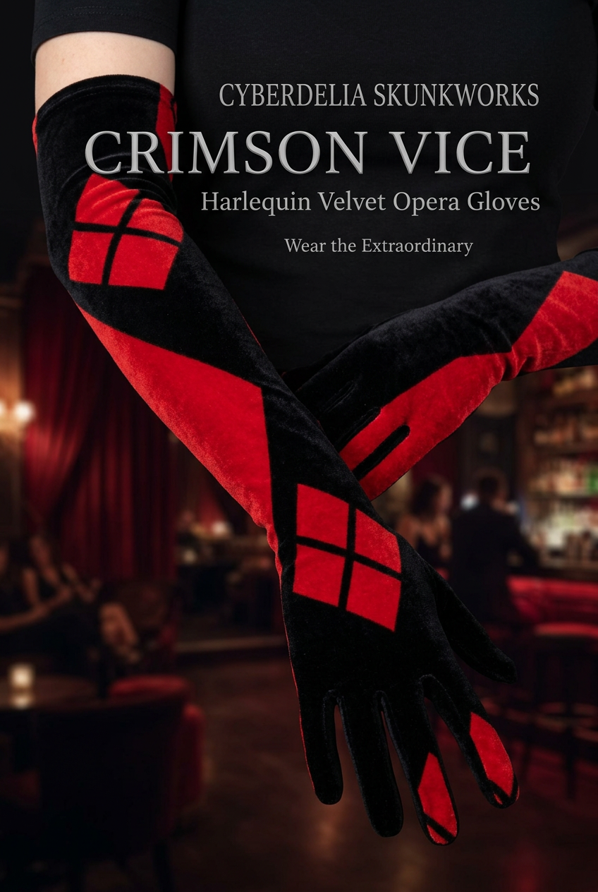 Harlequin Velvet Opera Gloves branded close-up draft