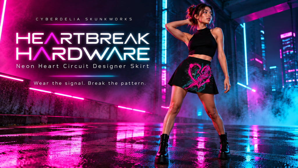 Cyberdelia Skunkworks | Heartbreak Hardware Neon Heart Circuit Designer Skirt | Branded Full-Body Campaign