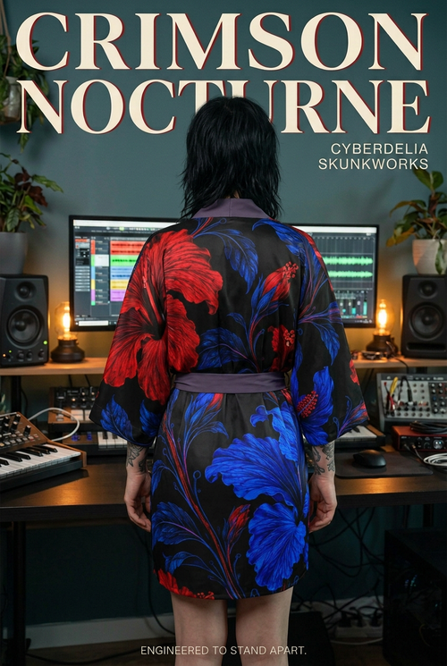 Rear view of Crimson Nocturne floral kimono robe in a music studio, AI-generated campaign image.