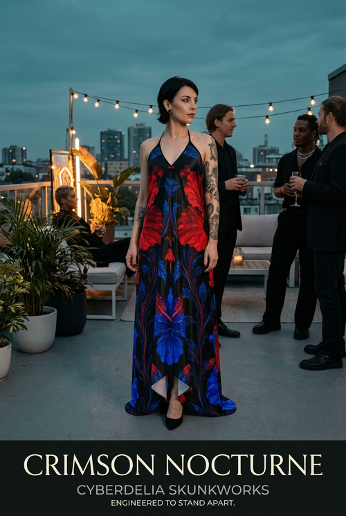 AI-generated editorial campaign showing the Crimson Nocturne floral halterneck gown at a rooftop gathering.