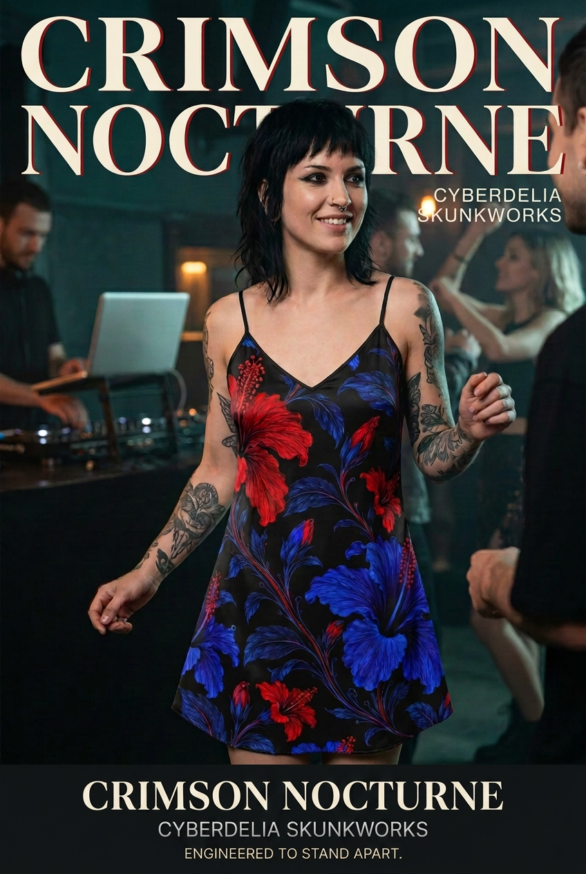 AI-generated campaign showing the Crimson Nocturne floral mini slip dress in a nightlife setting.