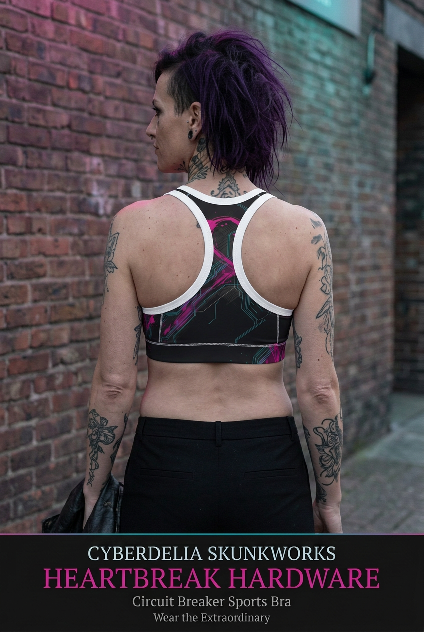 Rear-view lifestyle mockup of the Heartbreak Hardware Circuit Breaker Sports Bra showing its white-trim racerback and printed band.
